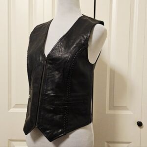Leather King Leather Women's Vest Black Braided Detailing Biker Sz S